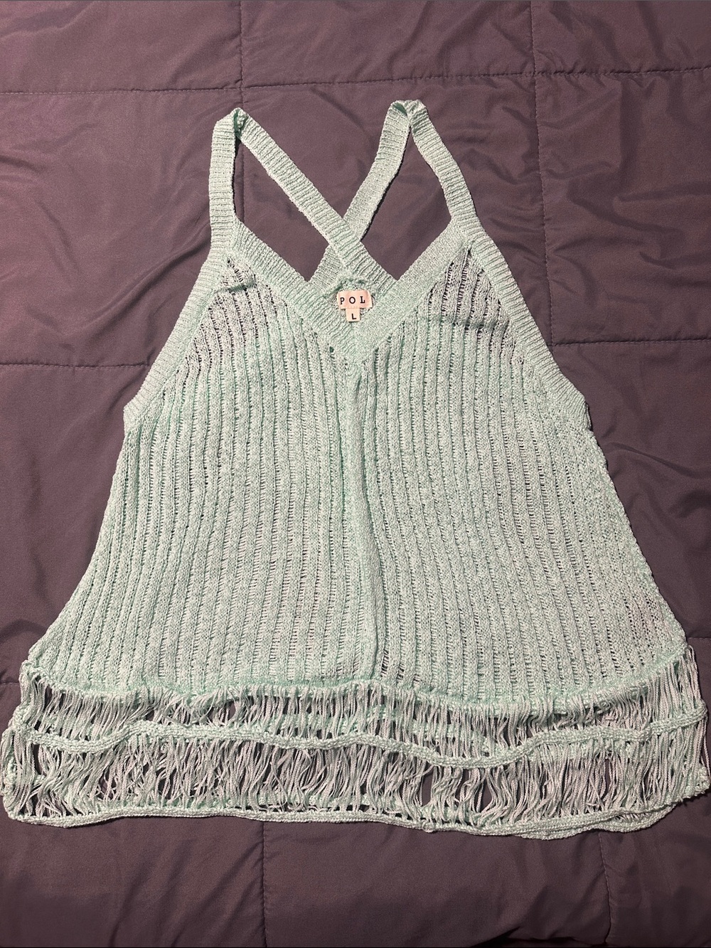 POL Mint Fringe Knit Crossback Tank Top